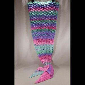Childrens Pastel Mermaid Tail Blanket Hand Crochet Knit Ombre Pink Purple Blue